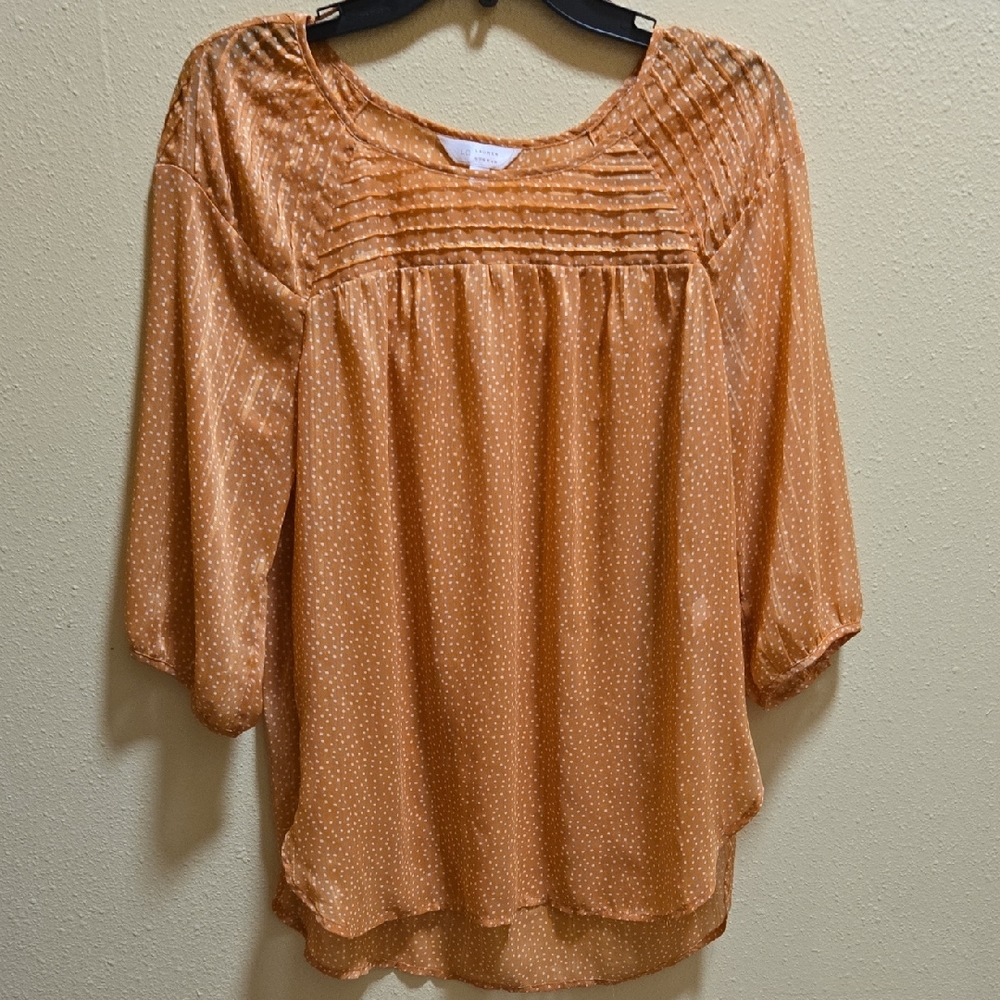 LC Lauren Conrad Rust Orange Dot Pintuck Peasant Blouse